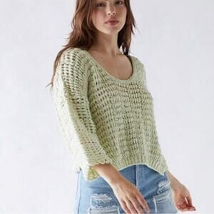 Free People Cozy Pullover Sweater‎ Sugared Mint Sz S Open Knit Cropped Crochet
